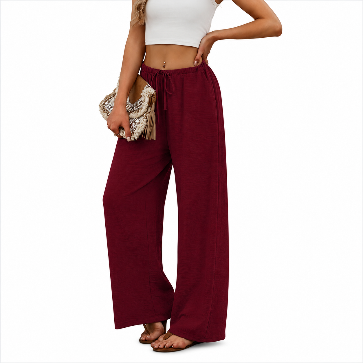 Flowy Palazzo Pants With Pockets And Drawstring Style For Women