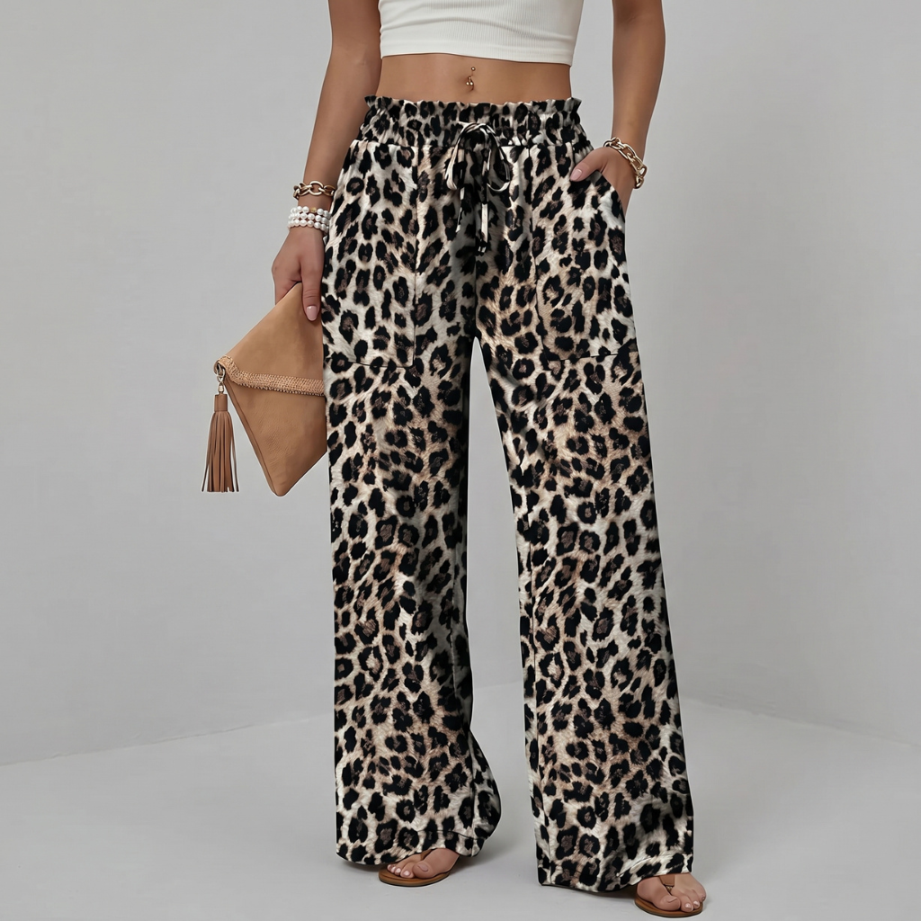 Loose Fit Printed Wide Drawstring Pants With Pockets For Women