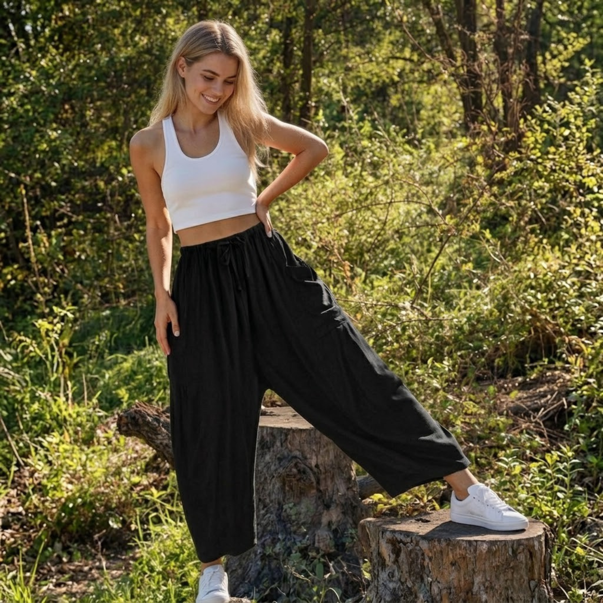 Linen Wide Leg Drawstring Palazzo Harem Pants Women
