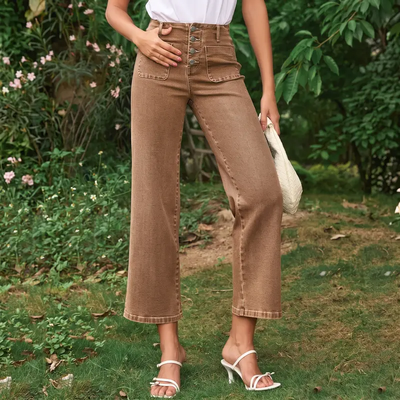 Stretchy Straight Fit Buttoned Loose Pants With Pockets For Women