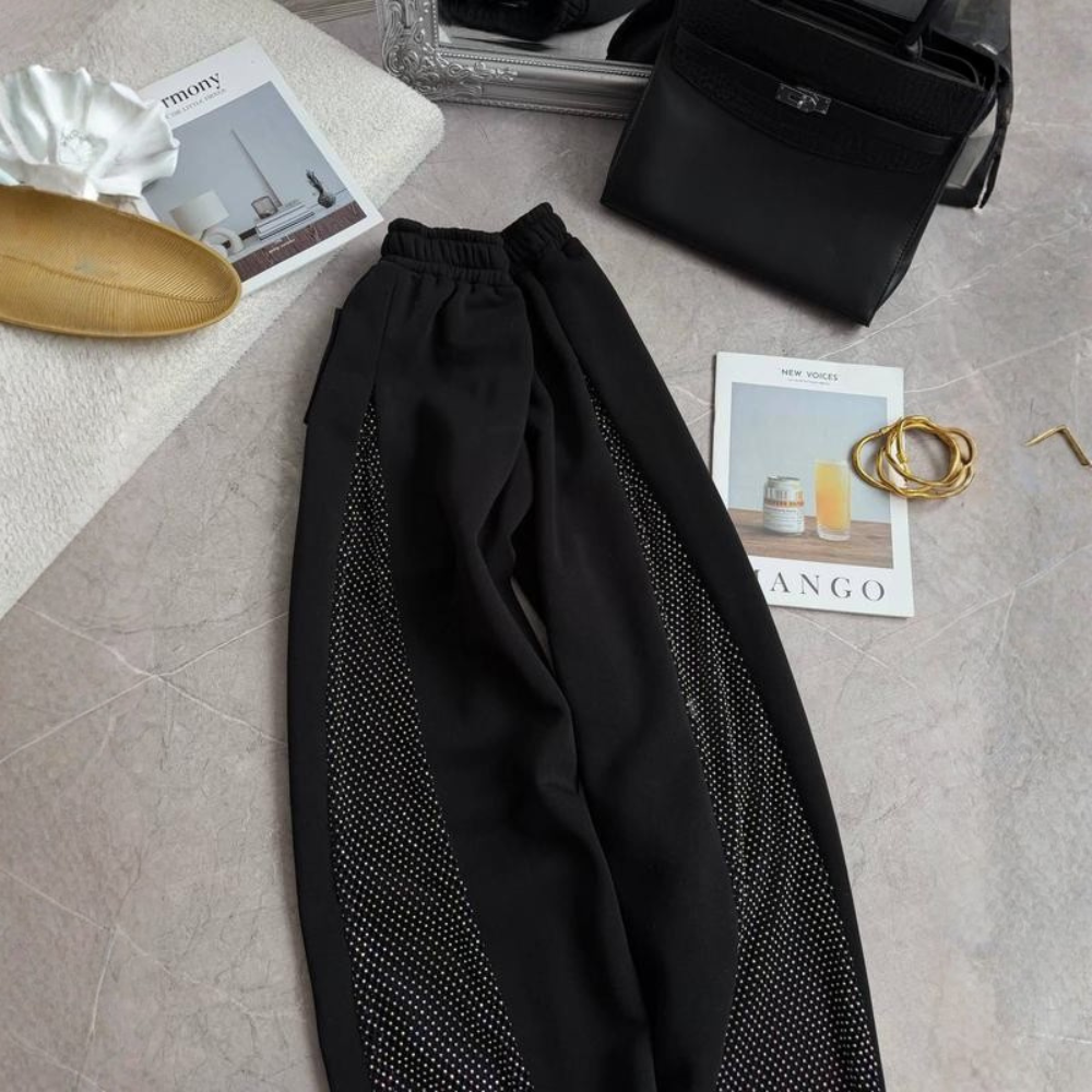 Women's warm trousers with mesh and rhinestones