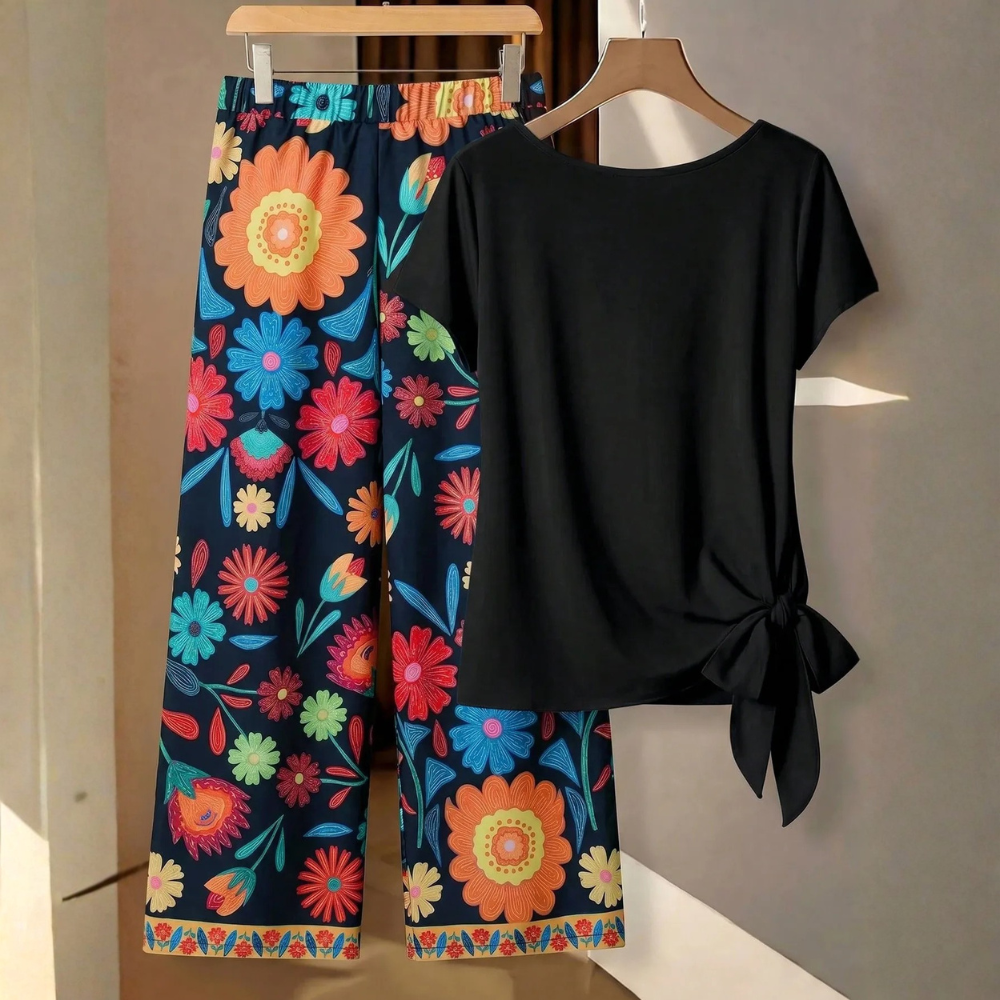 Casual Bowknot Shirt & Loose Straight Geometric Print Pants Set