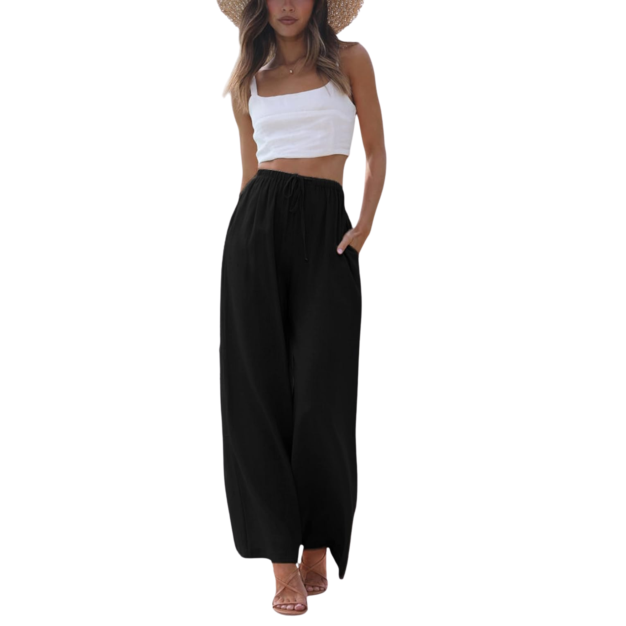 Cotton Linen Wide Leg Palazzo Pants with Pockets