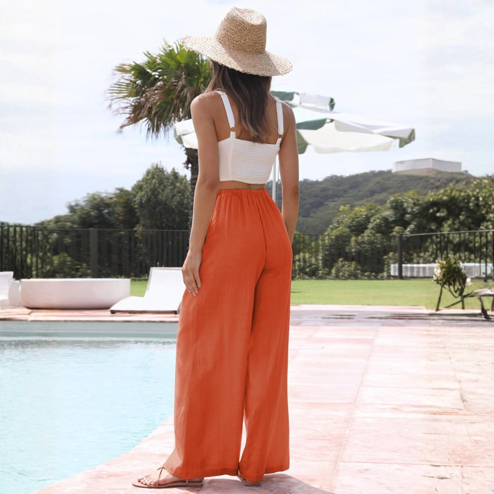 Cotton Linen Wide Leg Palazzo Pants with Pockets