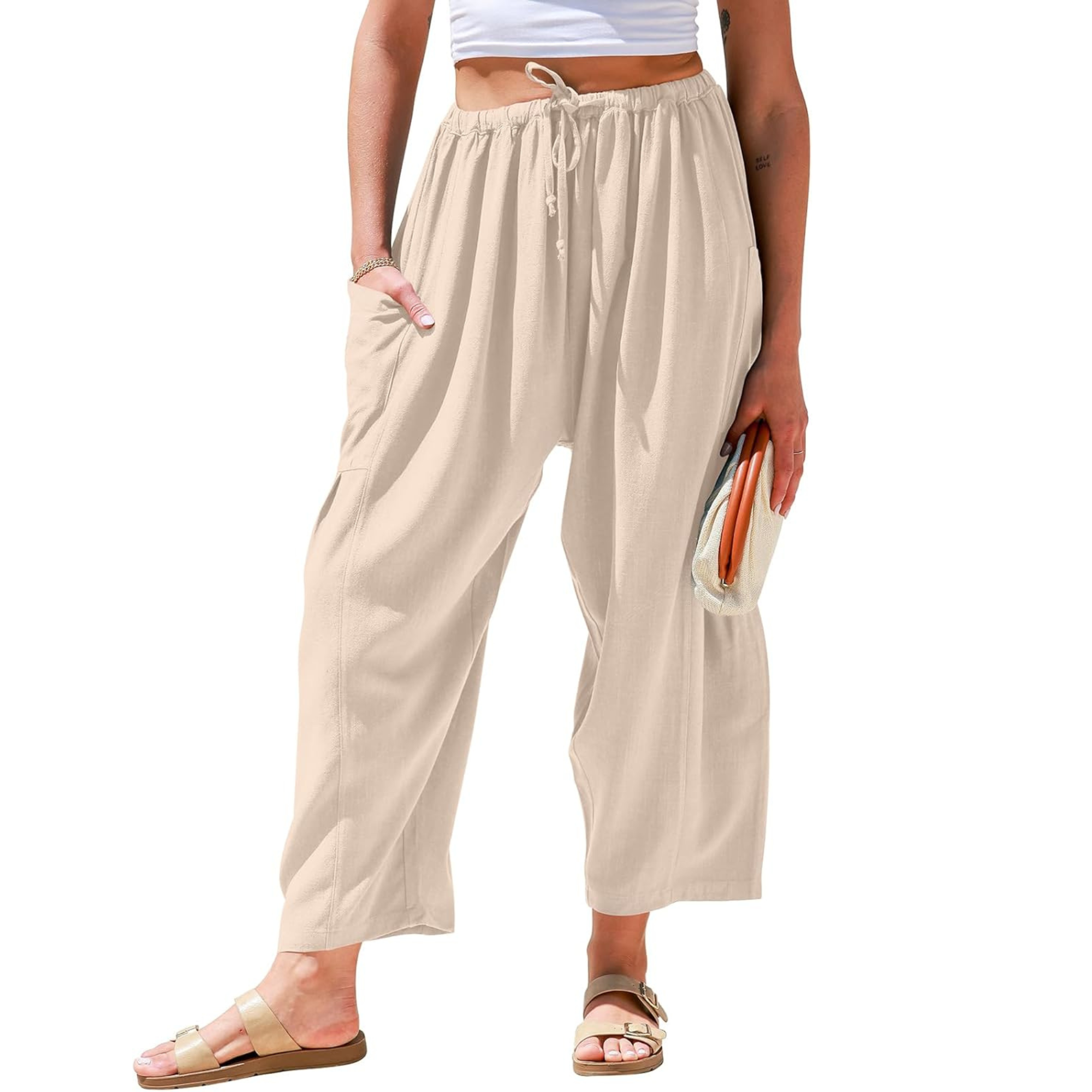 Linen Wide Leg Drawstring Palazzo Harem Pants Women