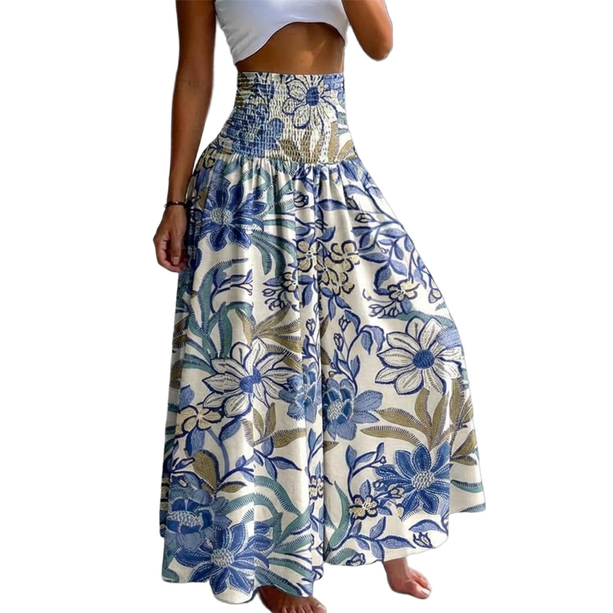 Boho Floral High Waisted Wide Leg Beach Pants