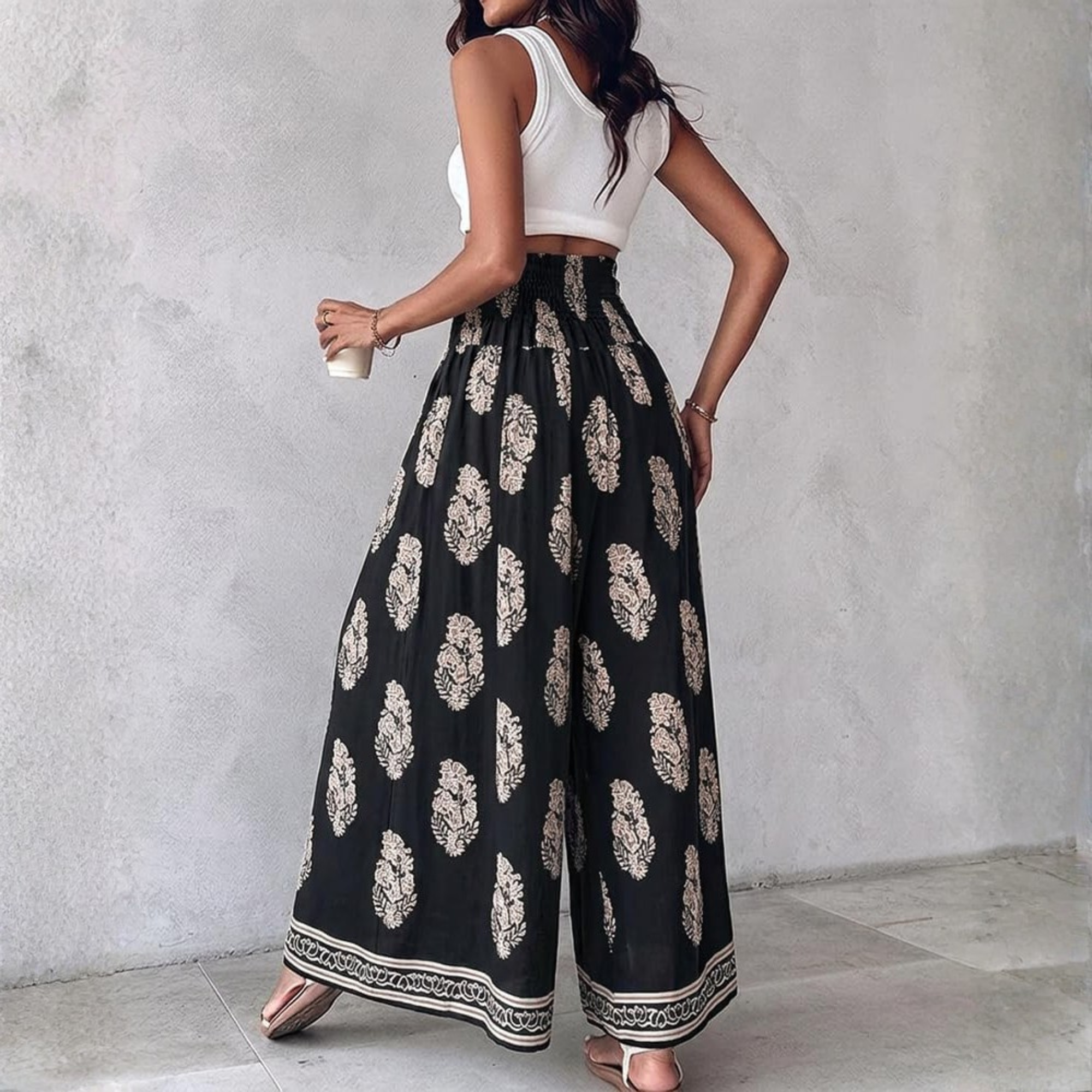 Boho Floral High Waisted Wide Leg Beach Pants