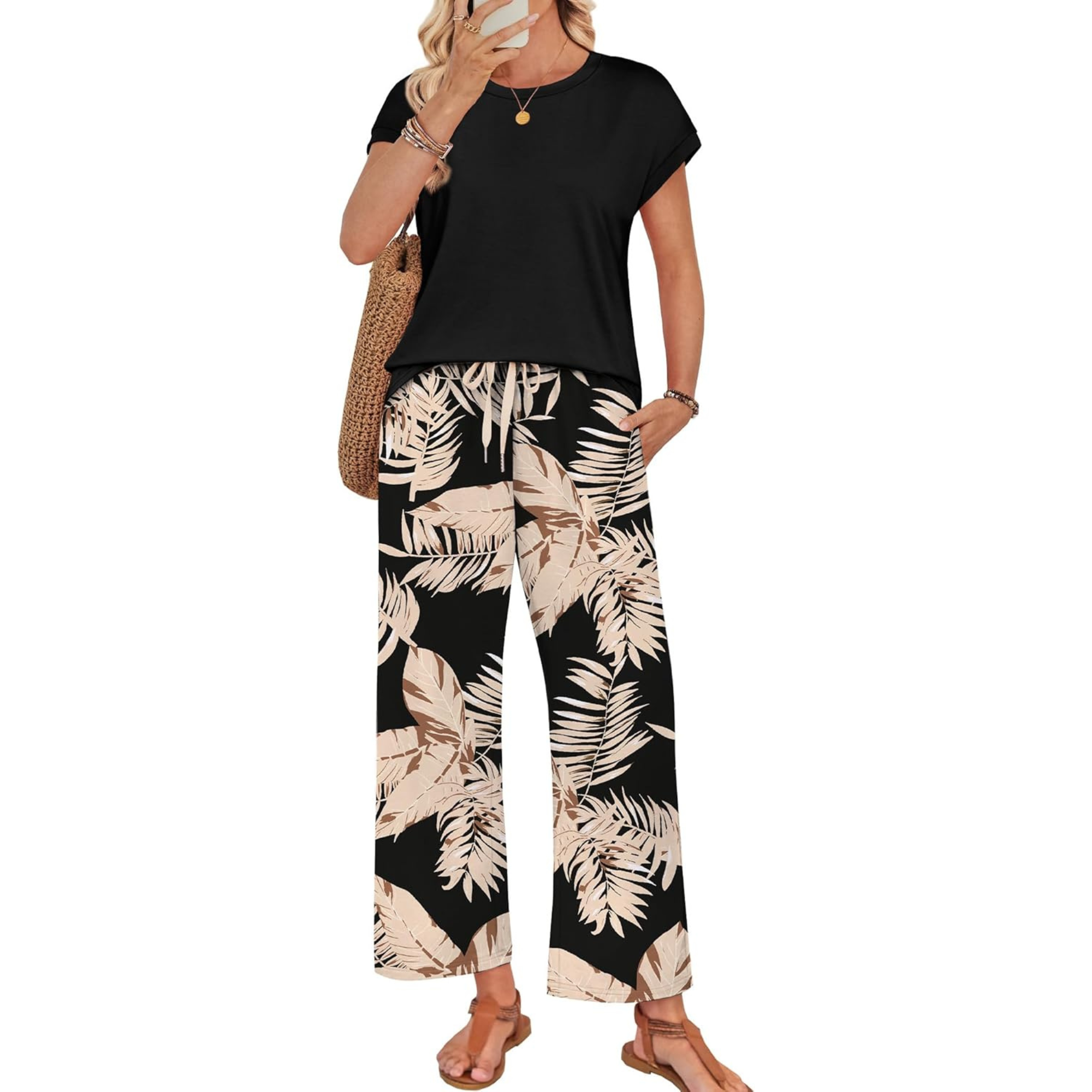 Women Two Piece Lounge Set with Wide Leg Pants