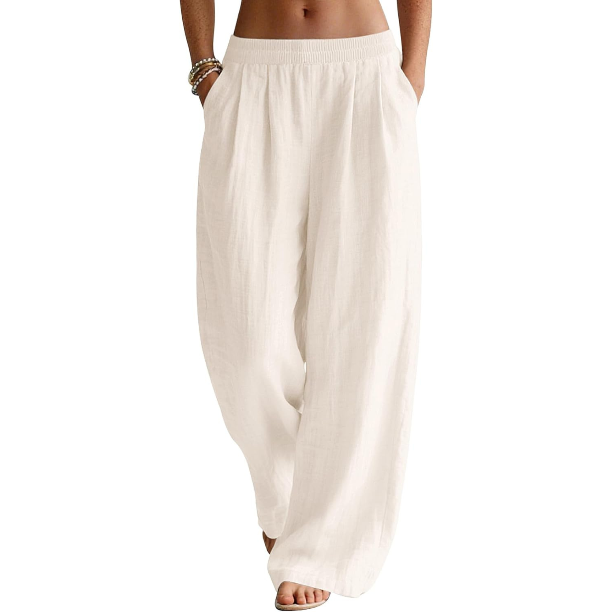 Linen Wide Leg Palazzo Pants with Elastic Waist Pockets