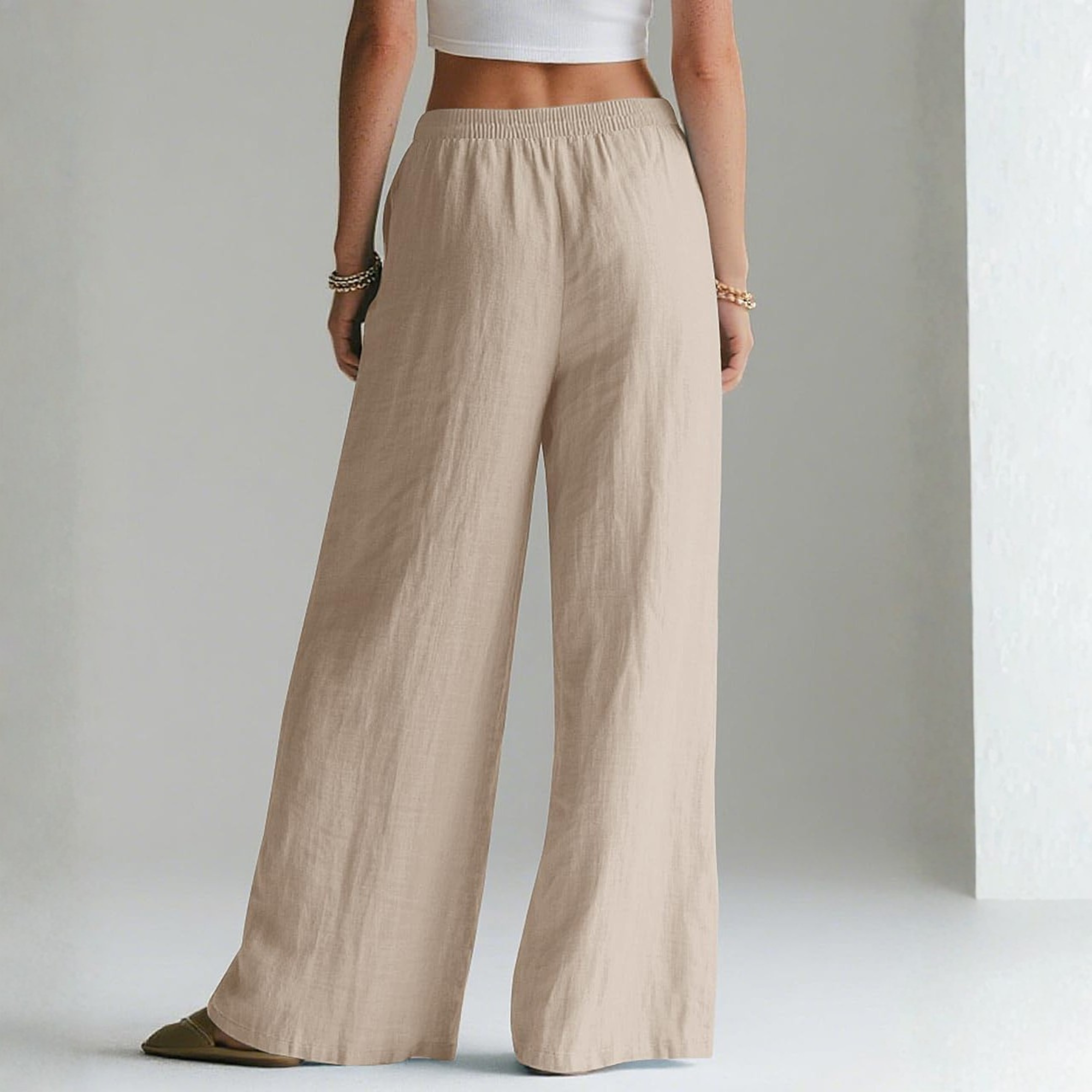 Linen Wide Leg Palazzo Pants with Elastic Waist Pockets