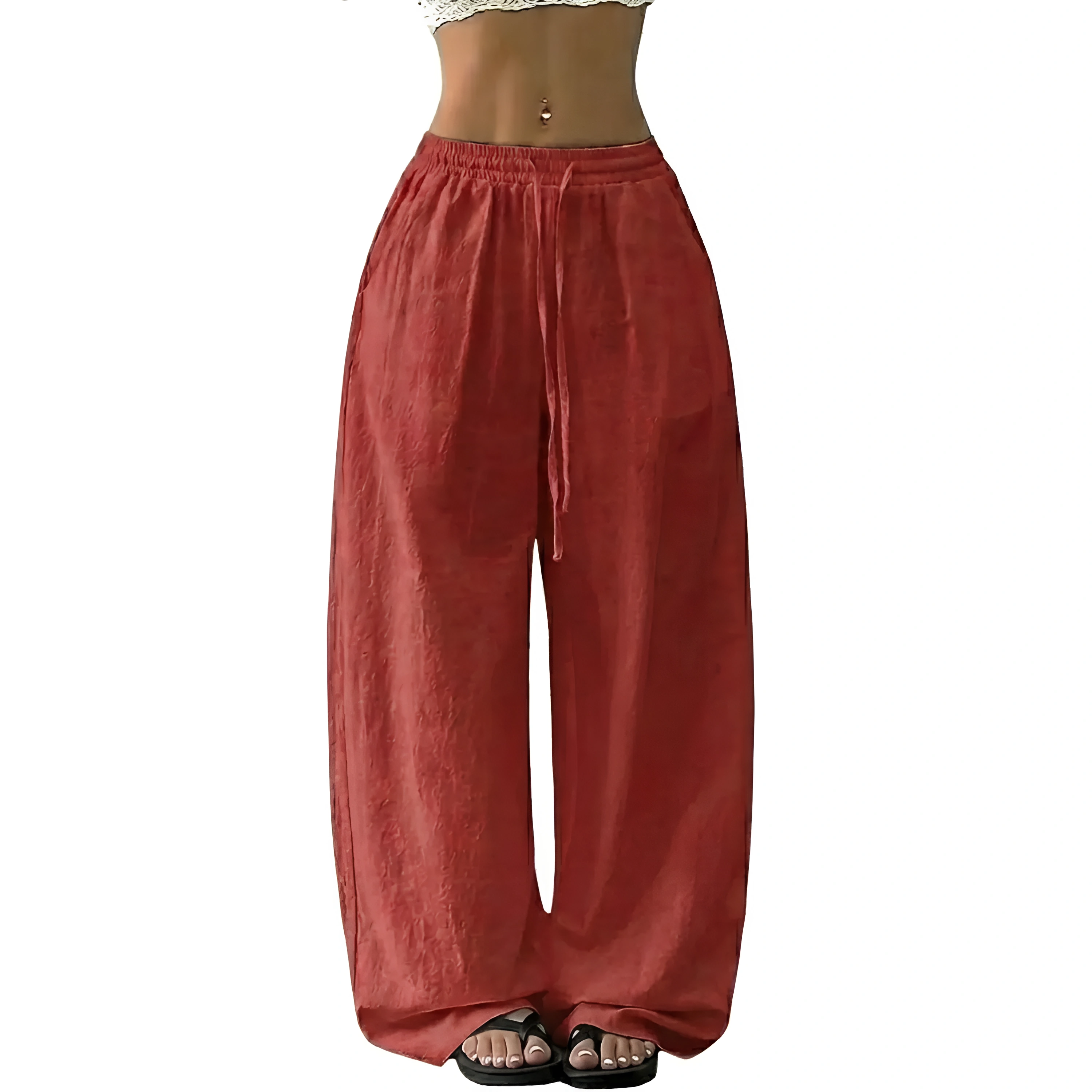 Boho Linen Wide Palazzo Drawstring Pants for Women