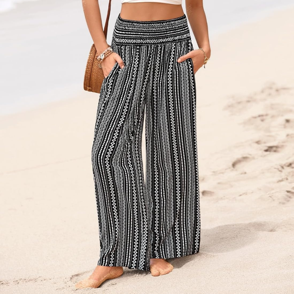 Summer Boho Floral Casual Loose Palazzo Pants With Pocket