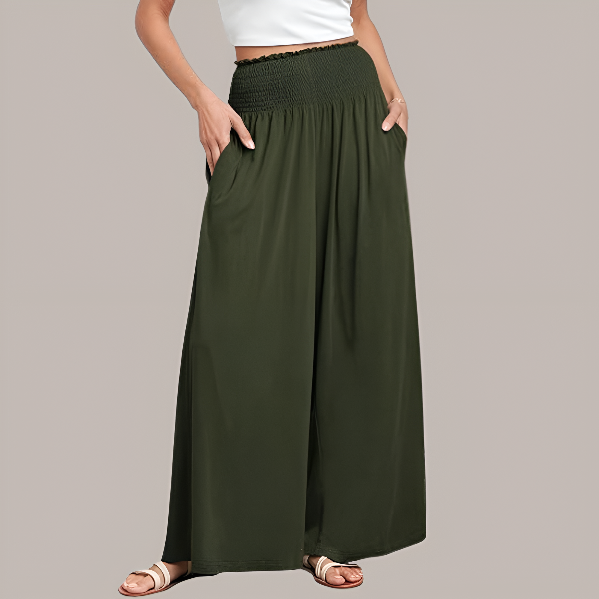 Casual Smocked Waist Wide Shank PantsSummer Boho Palazzo Pants With Baggy Fit And Loose Lounge Design For Women - Image 18