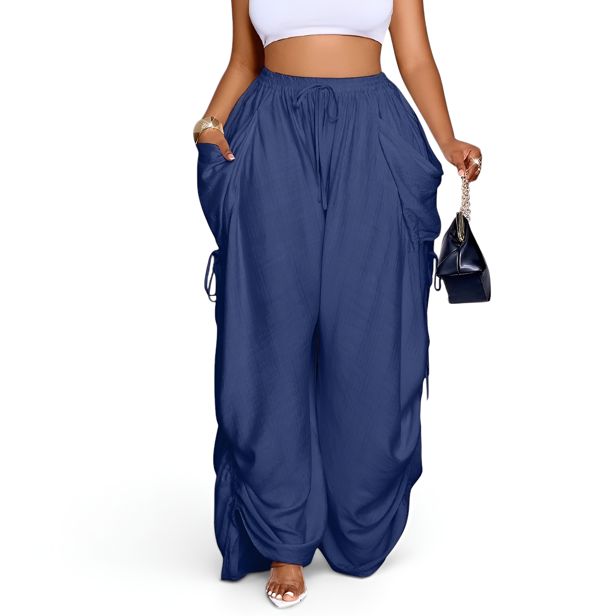 Womens Casual Loose Fit Wide Leg Drawstring Pants