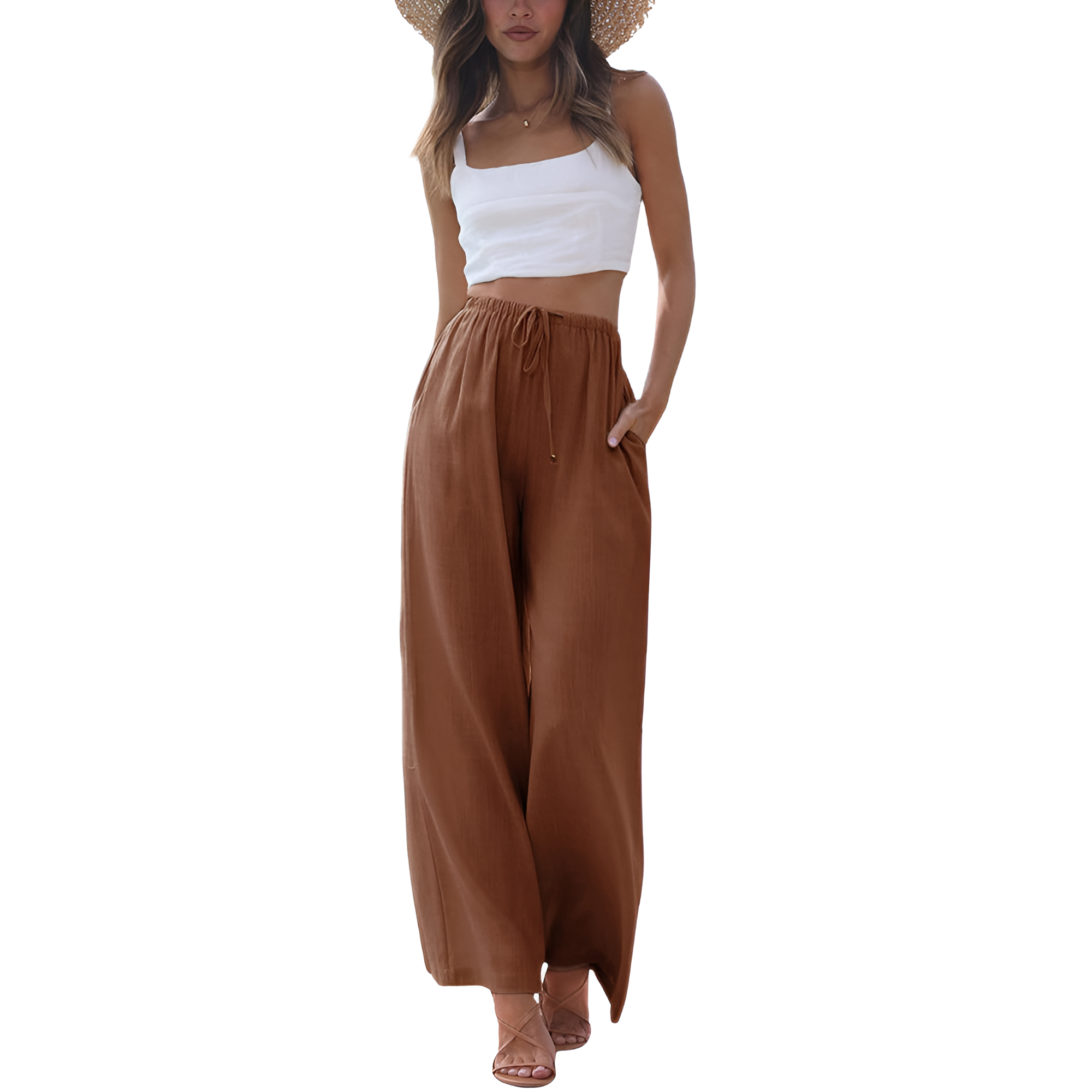 Flowy Summer Wide Fit Beach Palazzo Pants With Pockets For Women