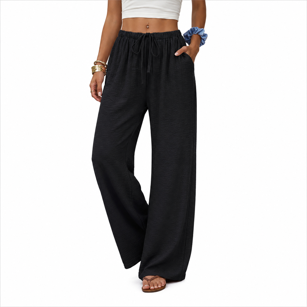 Flowy Palazzo Pants With Pockets And Drawstring Style For Women