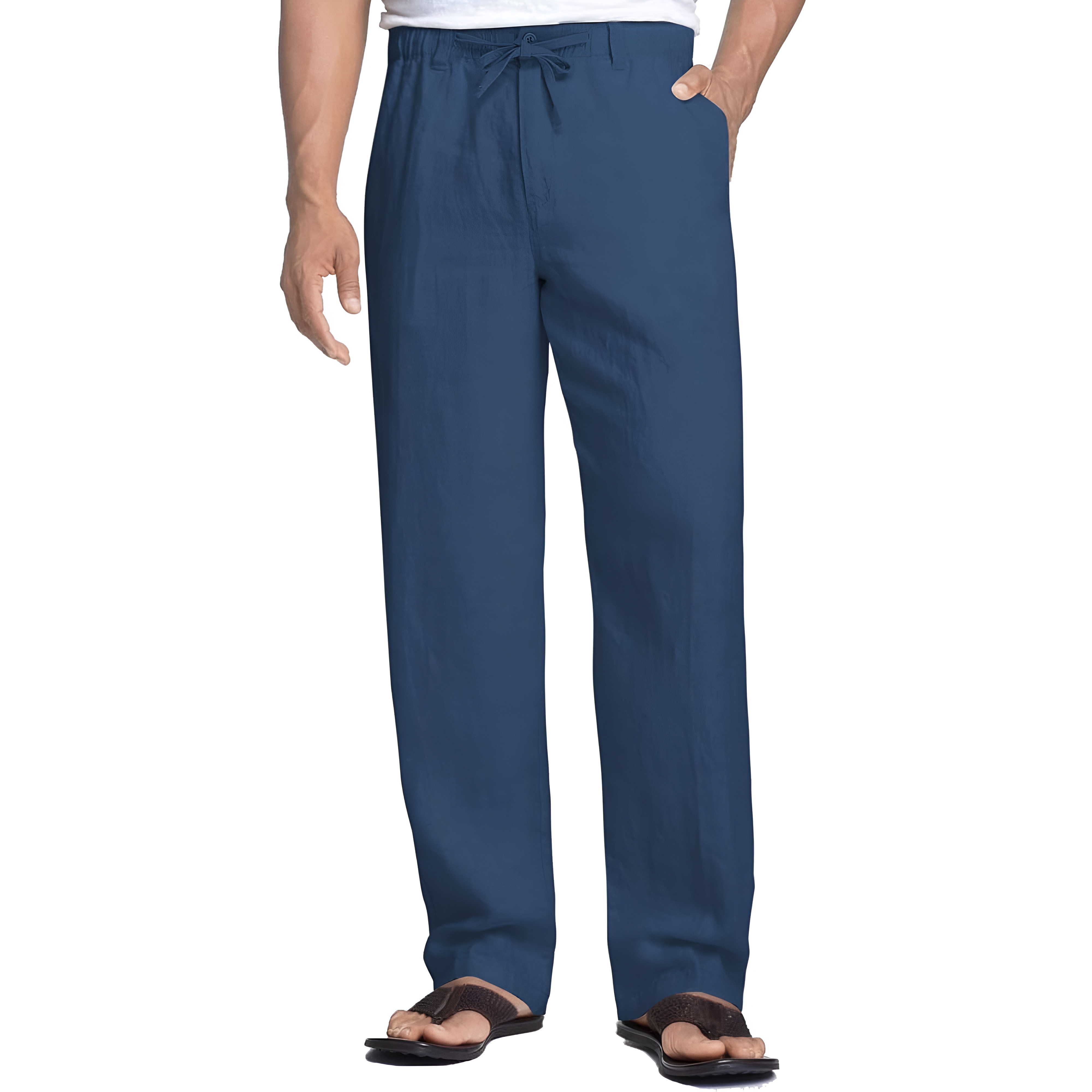 Linen Blend Casual Pants With Drawstring For Men