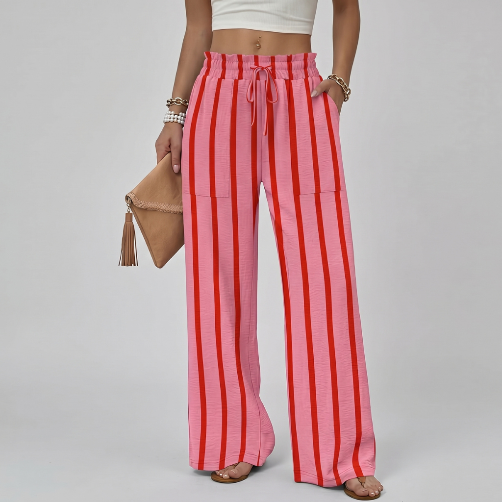 Loose Fit Printed Wide Drawstring Pants With Pockets For Women