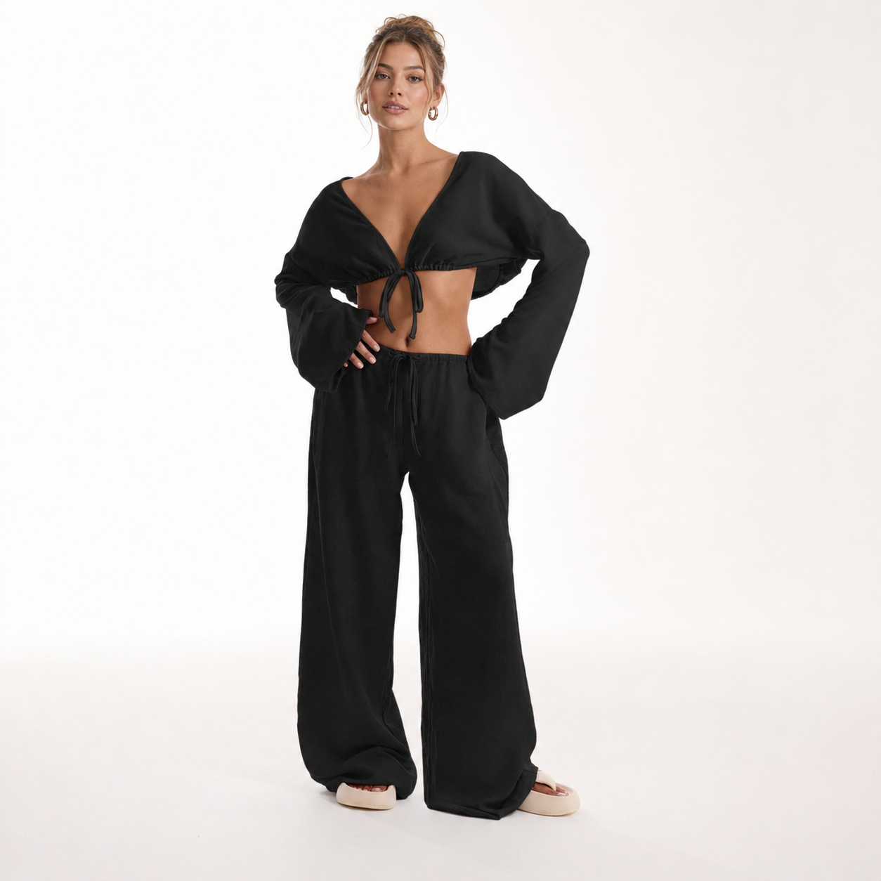 Tie Front Linen Feel Vacation Beach Trousers For Women