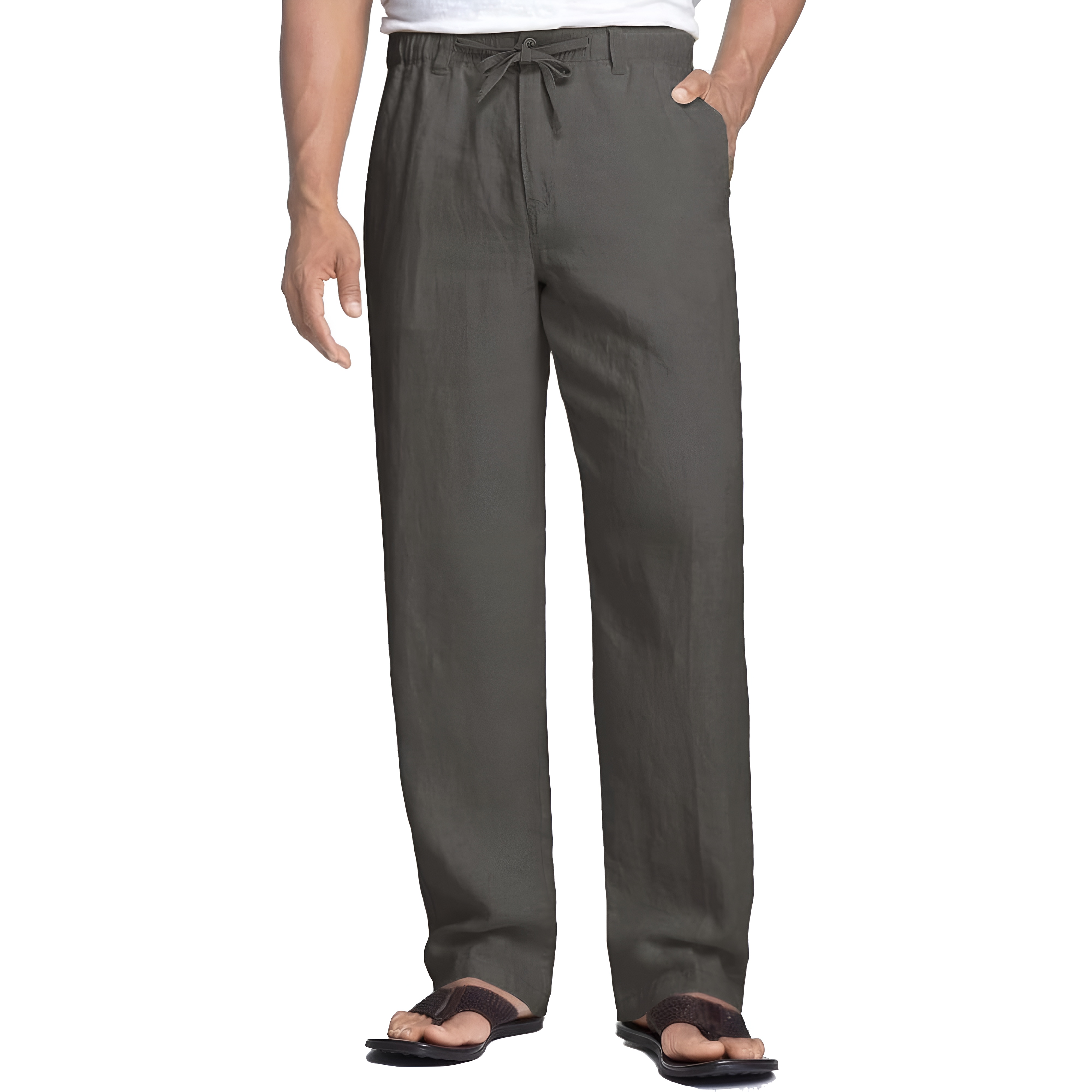 Linen Blend Casual Pants With Drawstring For Men