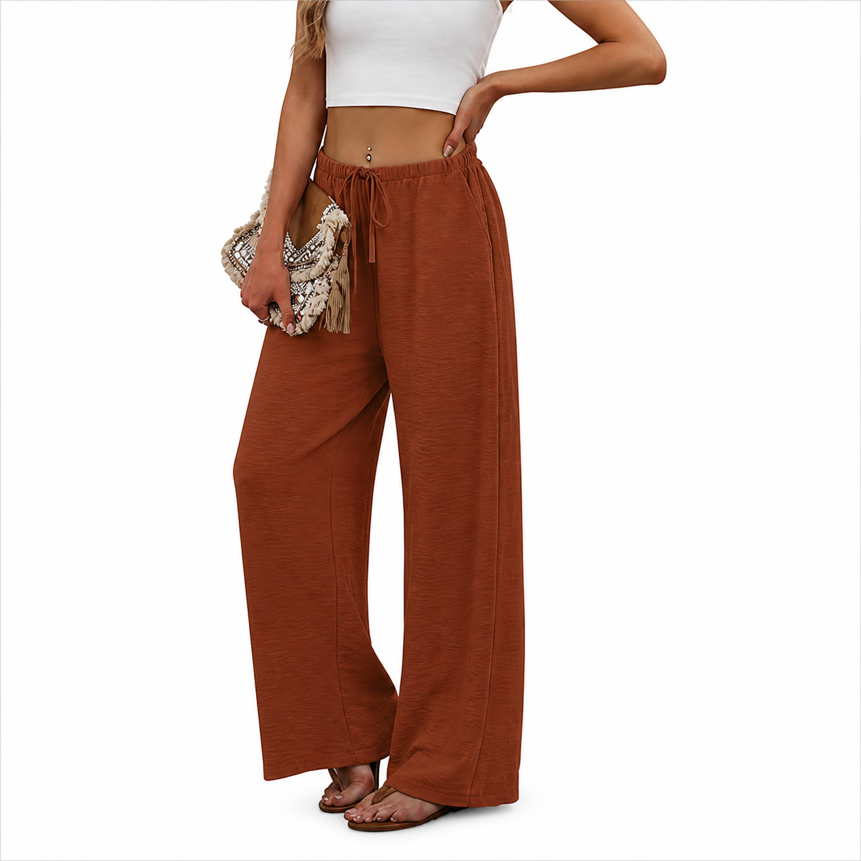 Flowy Palazzo Pants With Pockets And Drawstring Style For Women