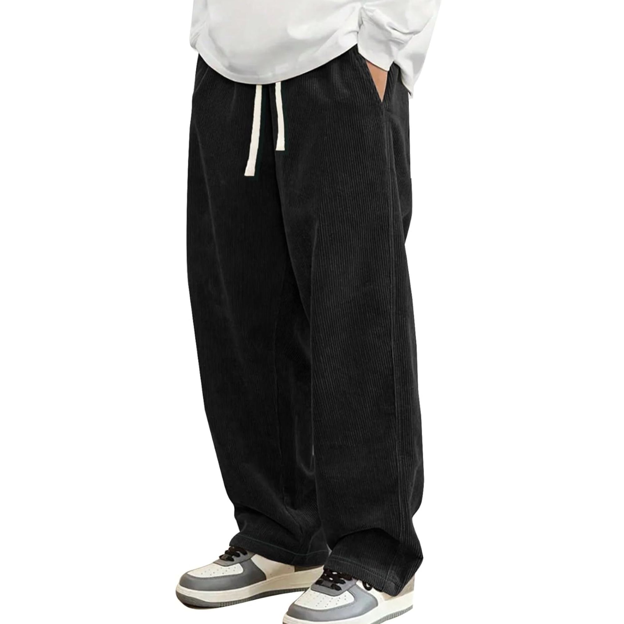Corduroy Casual Pants Fashion Loose Fit Wide Leg Pants Straight Sweatpants Elastic Waist Drawstring