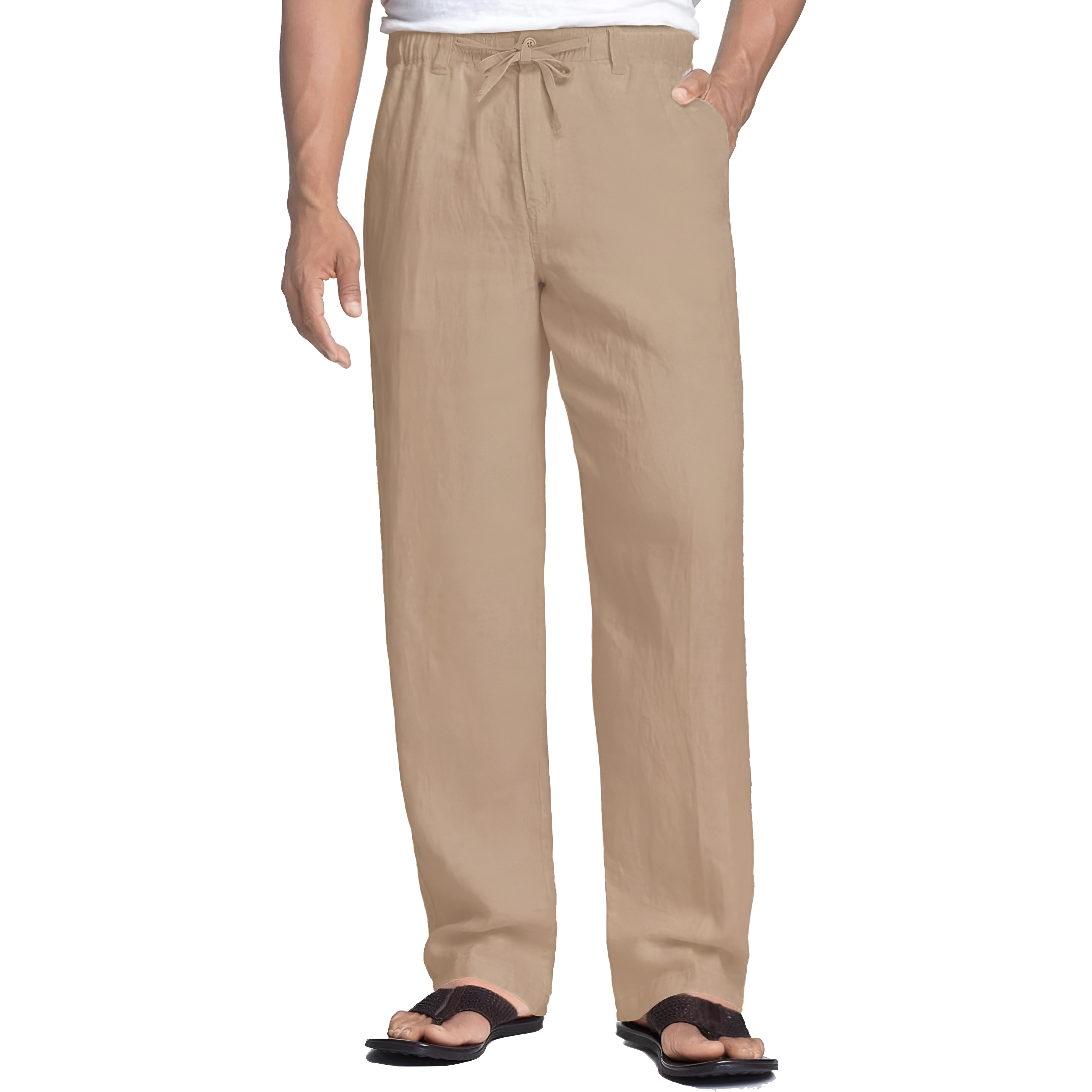 Linen Blend Casual Pants With Drawstring For Men