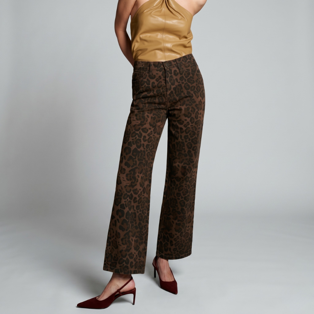 Leopard Print Loose Wide Fit Mid Rise Baggy Jeans For Women 