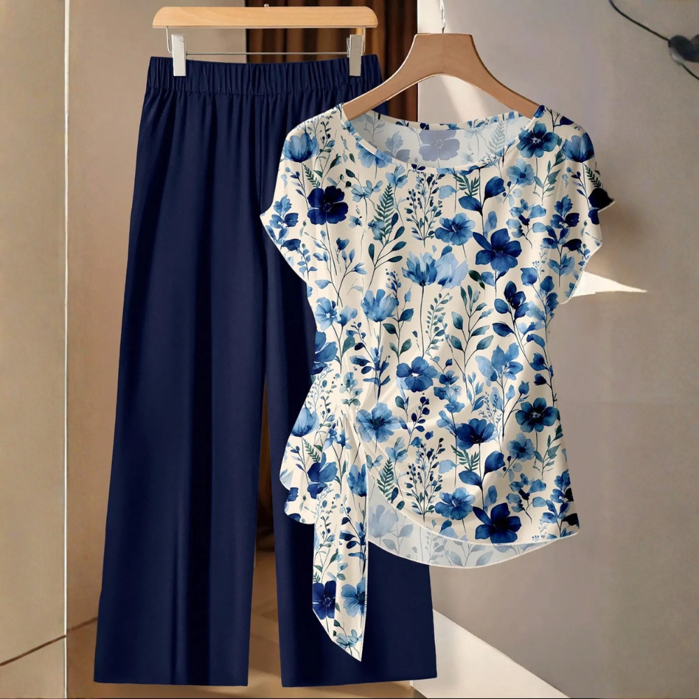 Casual Bowknot Shirt & Loose Straight Geometric Print Pants Set