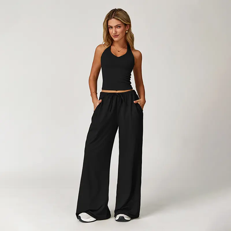 Casual Summer Ribbed Matching Set With Athleisure Strappy Top And Pants