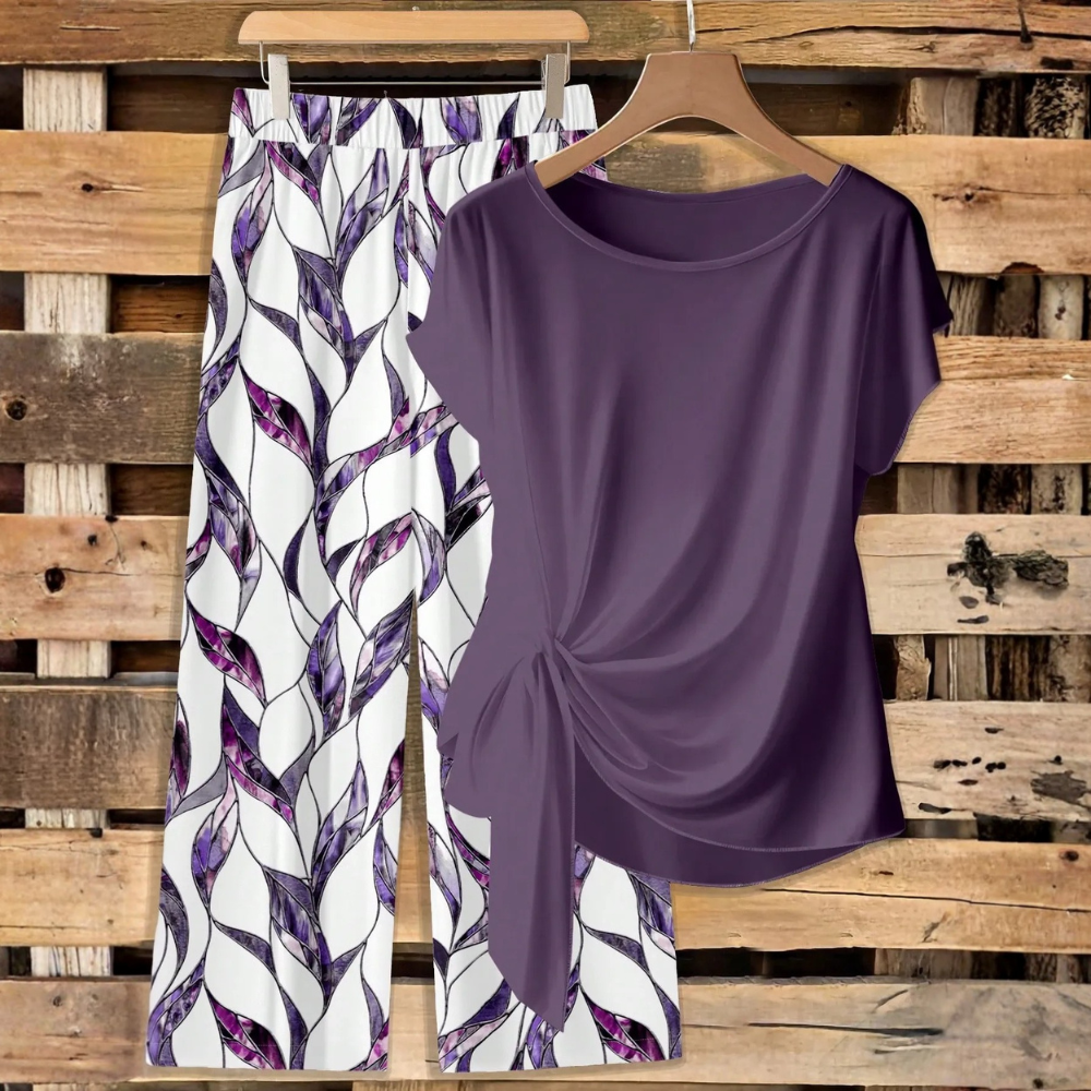 Casual Bowknot Shirt & Loose Straight Geometric Print Pants Set