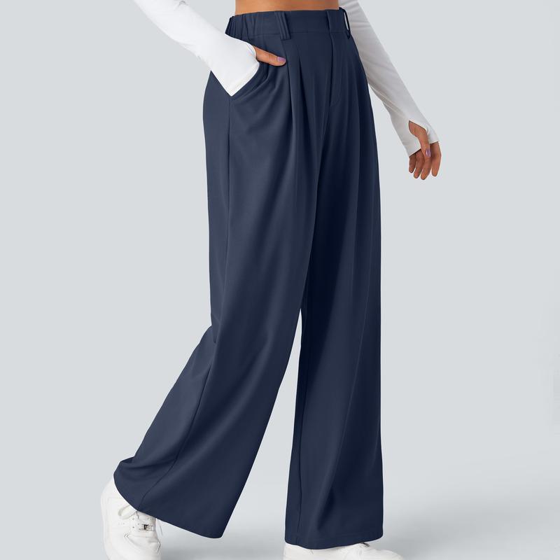 High Rise Wide Waffle Work Pants With Pockets For Women