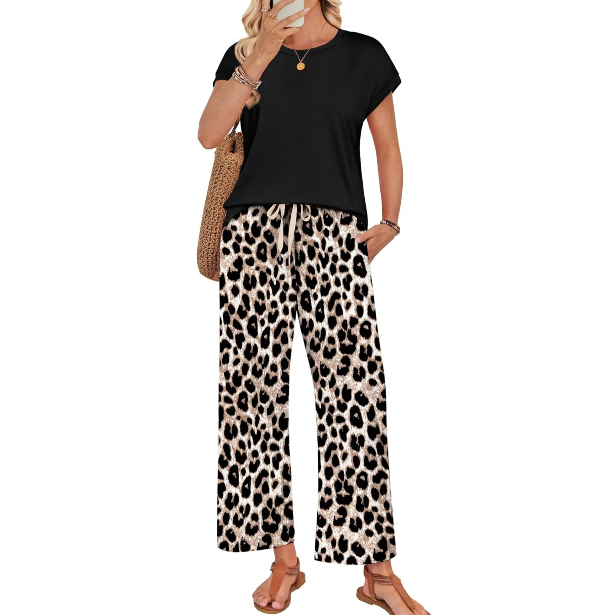 Women Two Piece Lounge Set with Wide Leg Pants