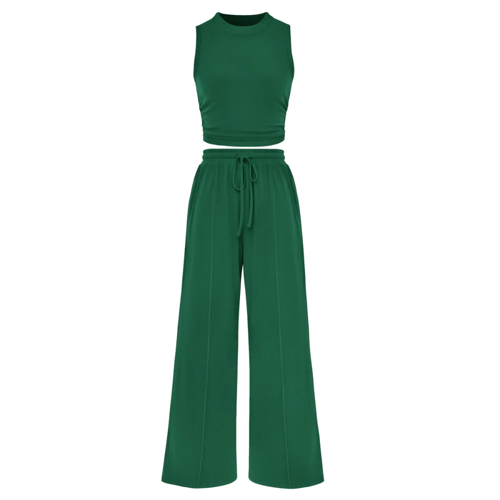 2 Piece Outfits Set With Sleeveless Crop Top And Wide Pants For Women