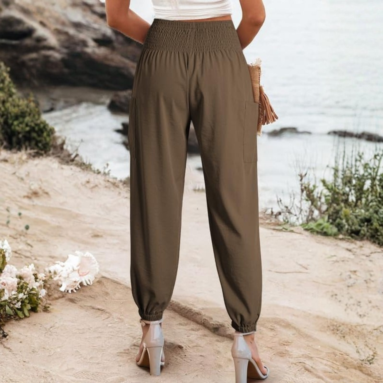 Casual Boho Summer Business Smocked High Long Cargo Pants For Women with Pockets
