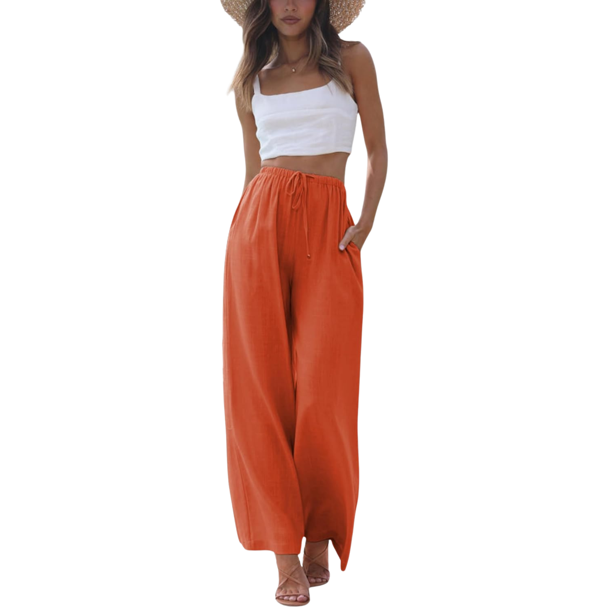 Cotton Linen Wide Leg Palazzo Pants with Pockets