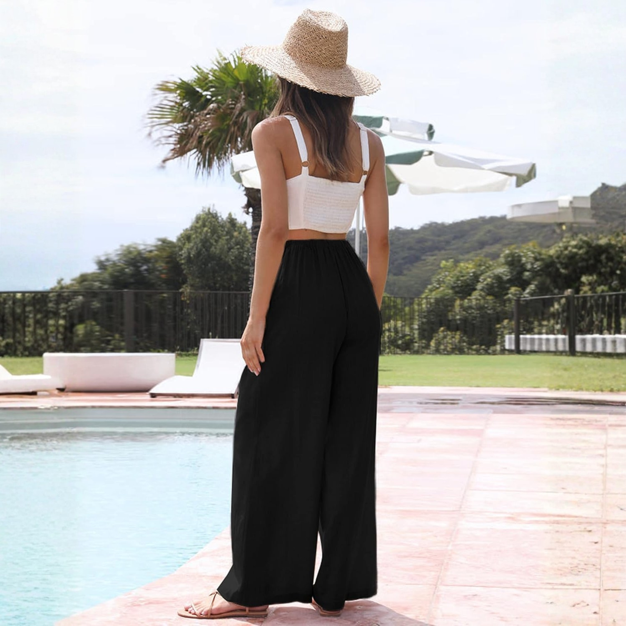 Cotton Linen Wide Leg Palazzo Pants with Pockets