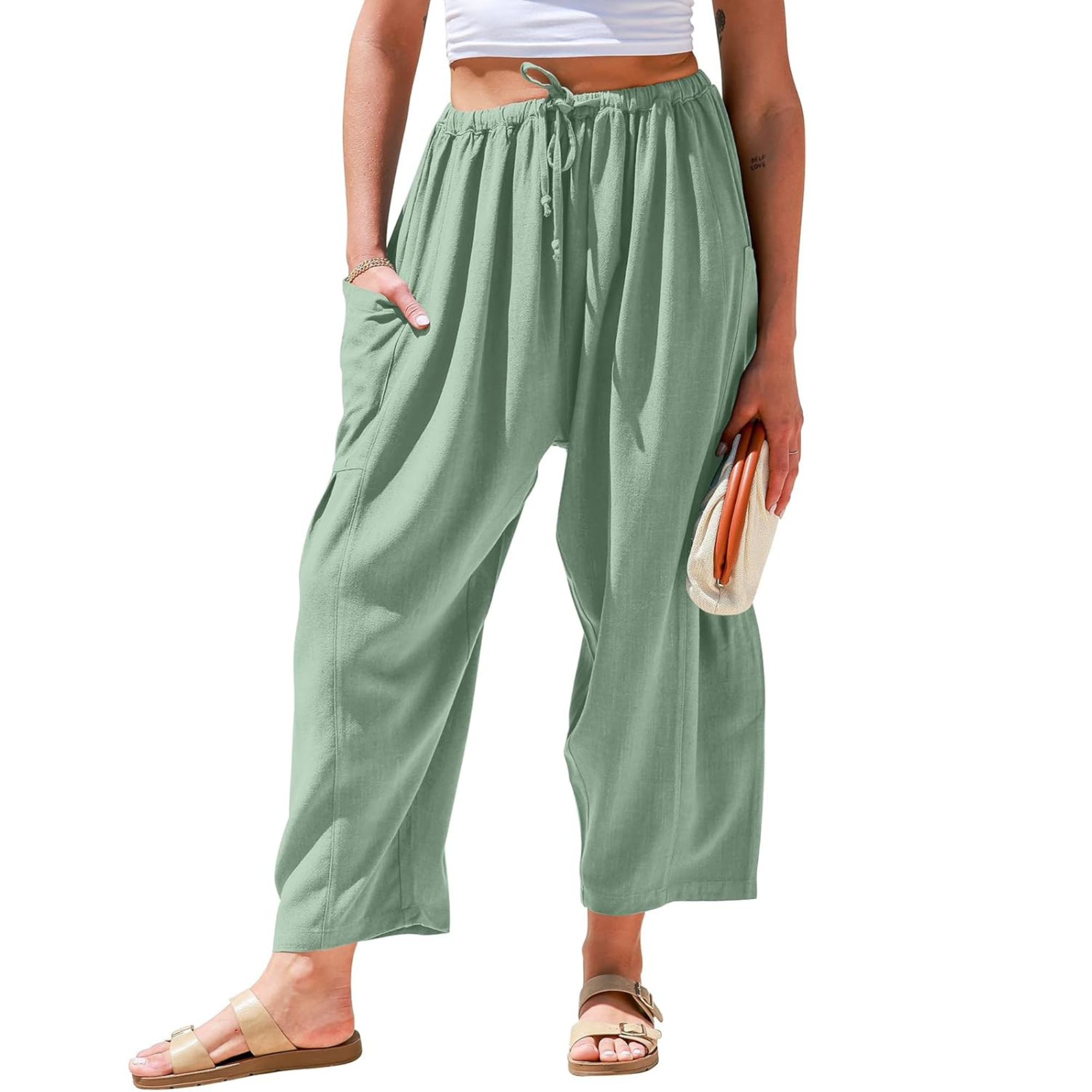 Linen Wide Leg Drawstring Palazzo Harem Pants Women