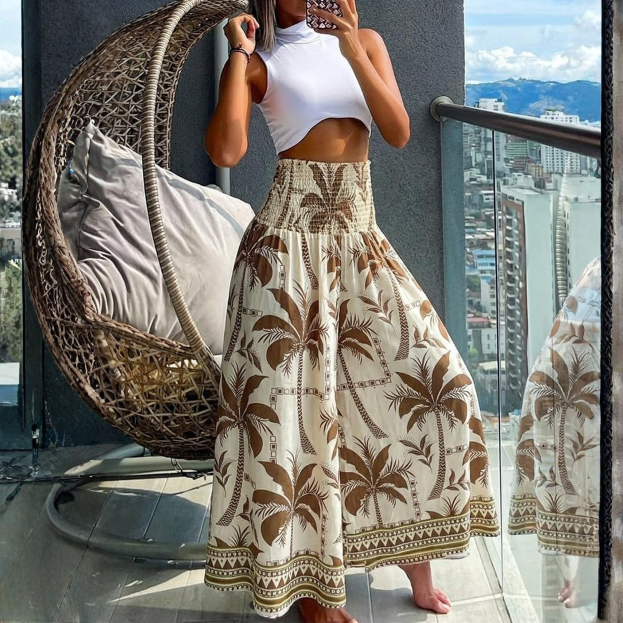 Boho Floral High Waisted Wide Leg Beach Pants