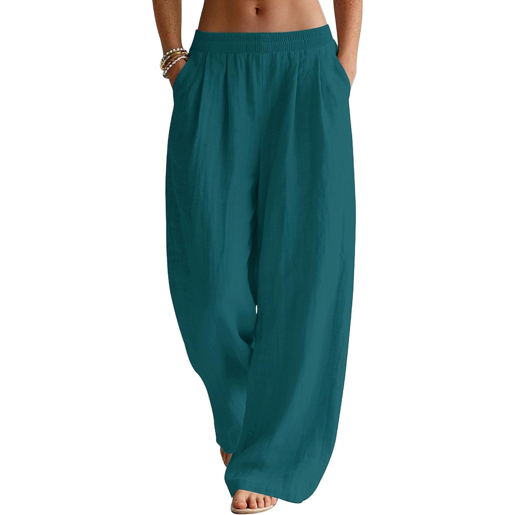 Linen Wide Leg Palazzo Pants with Elastic Waist Pockets