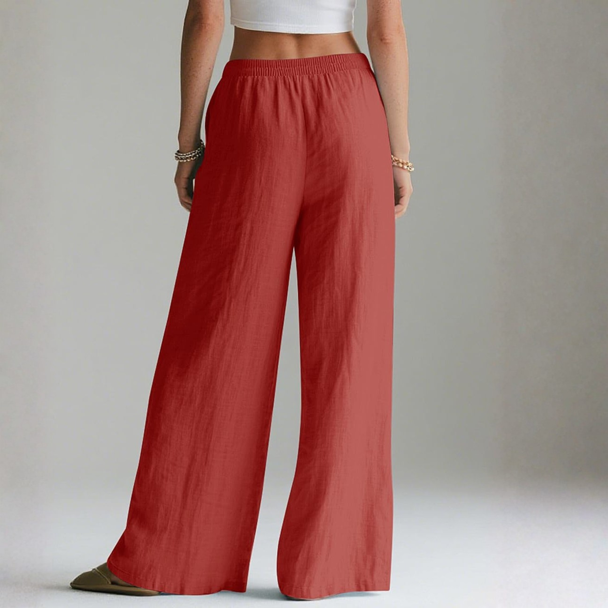 Linen Wide Leg Palazzo Pants with Elastic Waist Pockets