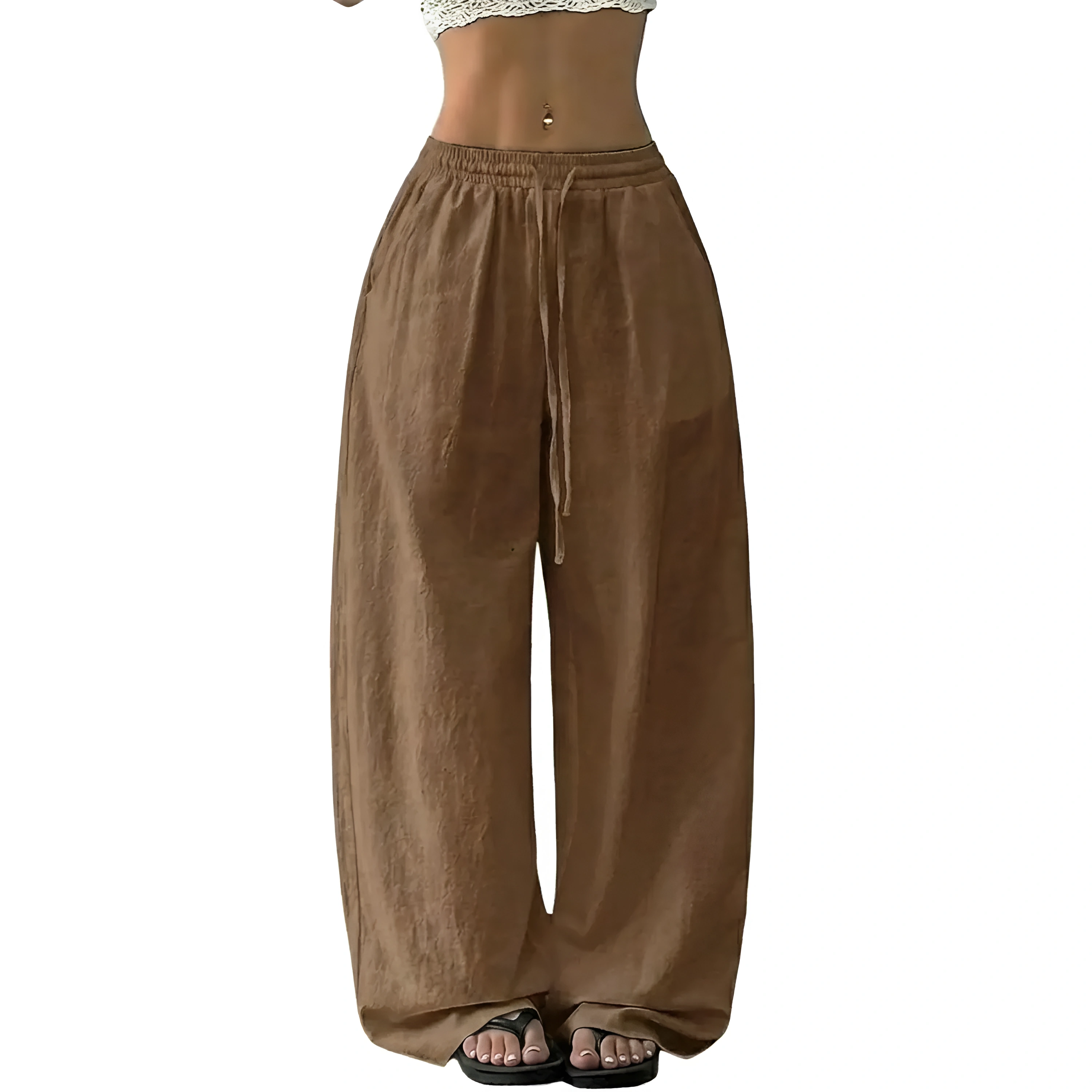 Boho Linen Wide Palazzo Drawstring Pants for Women