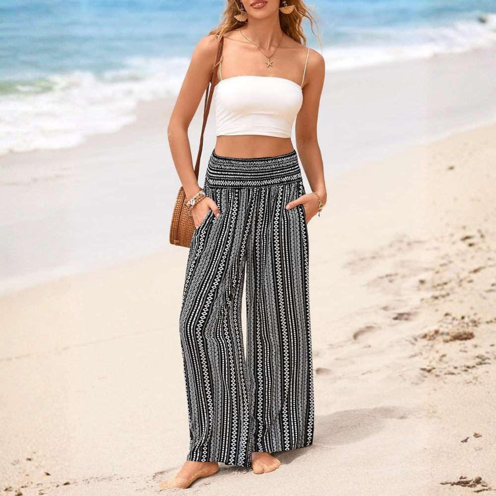 Summer Boho Floral Casual Loose Palazzo Pants With Pocket