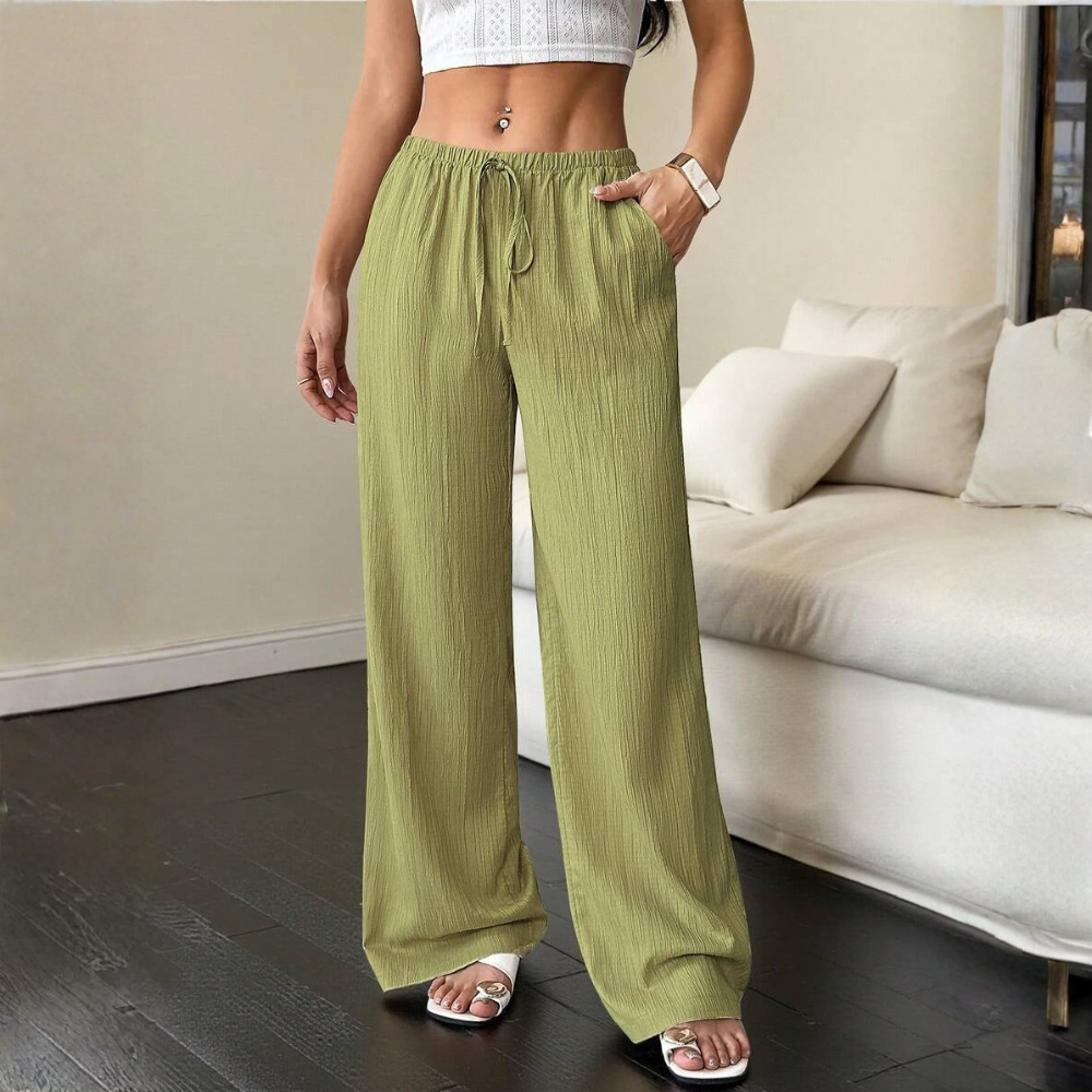 Solid Pocket Wide Loose Casual Pants For Women