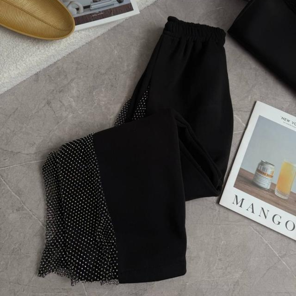 Women's warm trousers with mesh and rhinestones