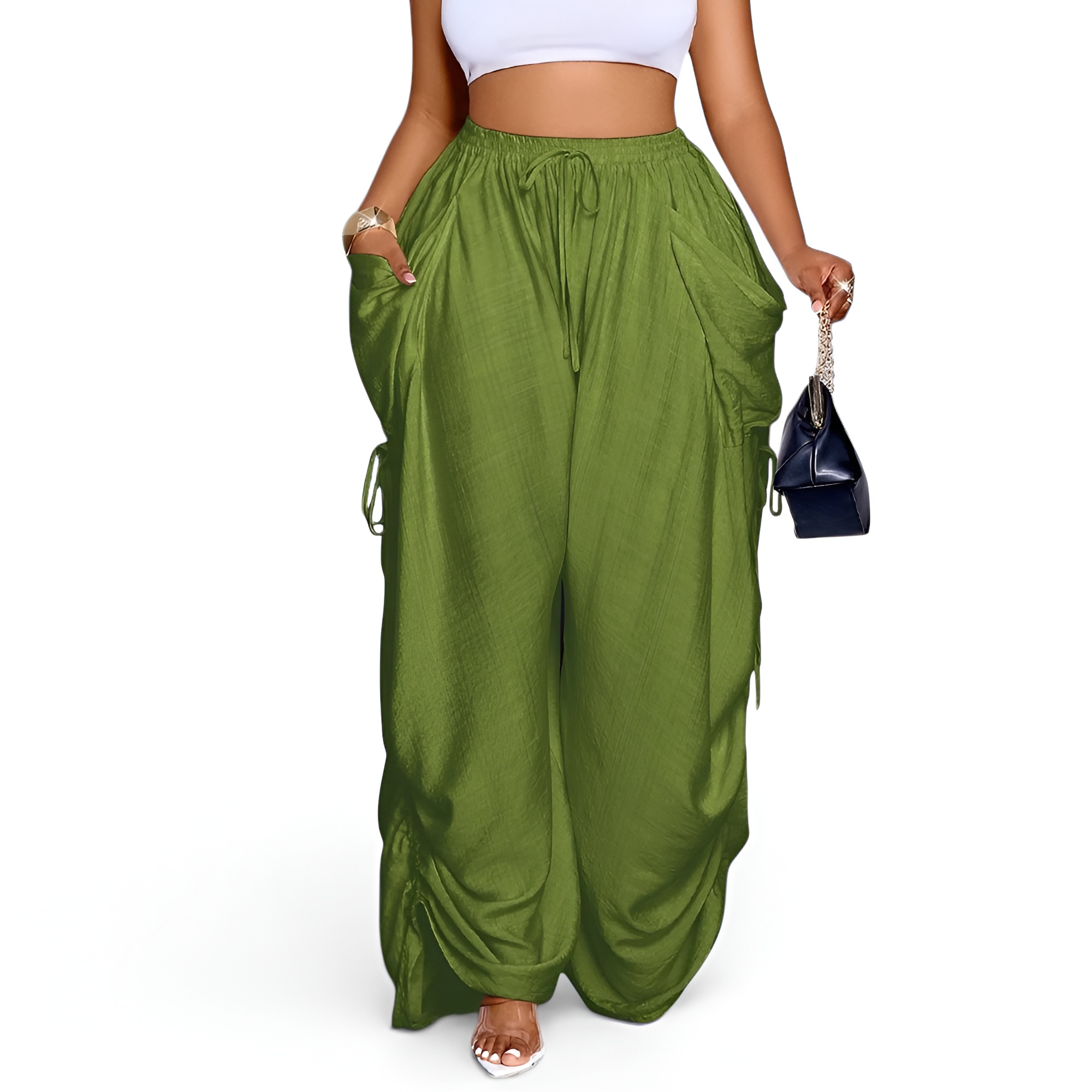 Womens Casual Loose Fit Wide Leg Drawstring Pants