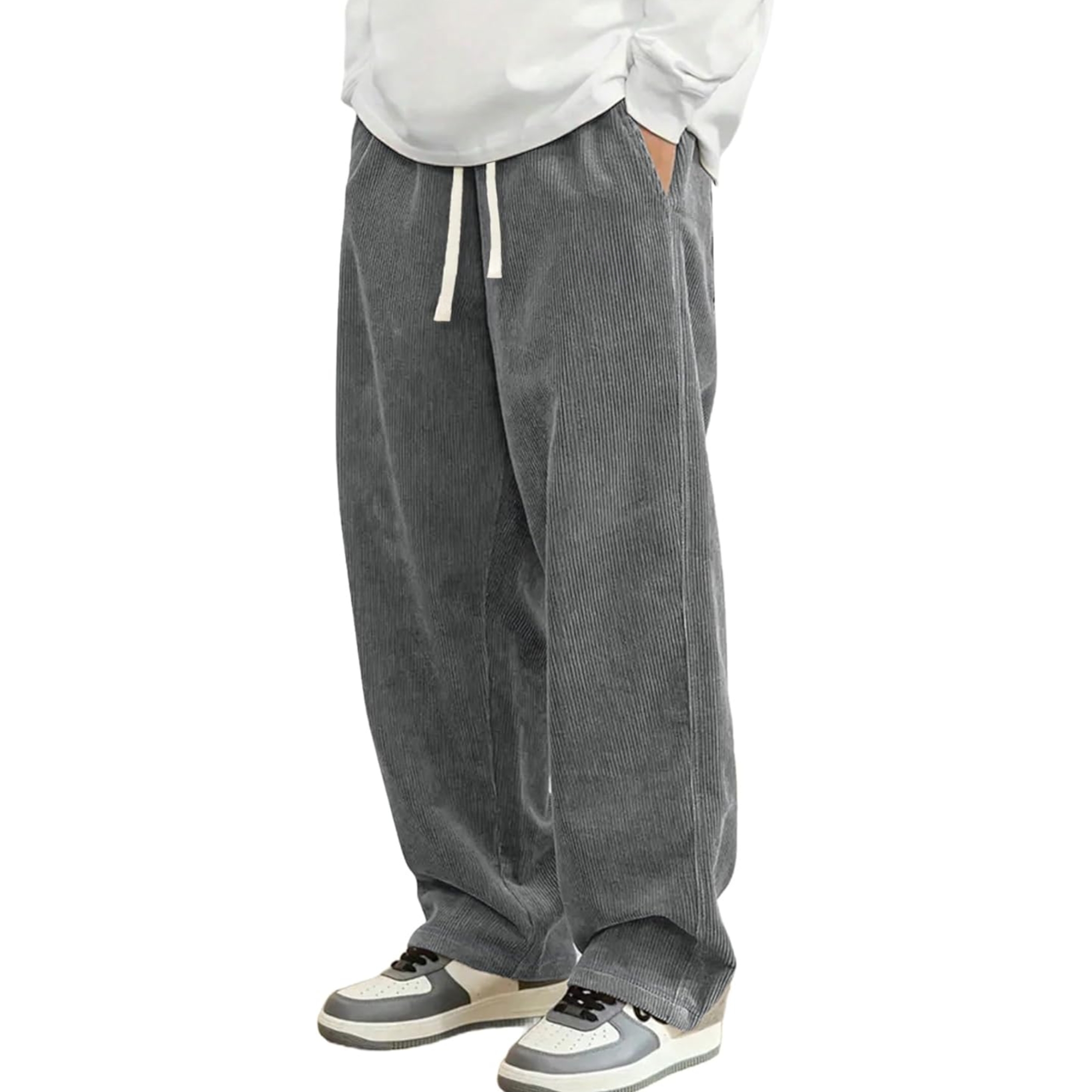 Corduroy Casual Pants Fashion Loose Fit Wide Leg Pants Straight Sweatpants Elastic Waist Drawstring