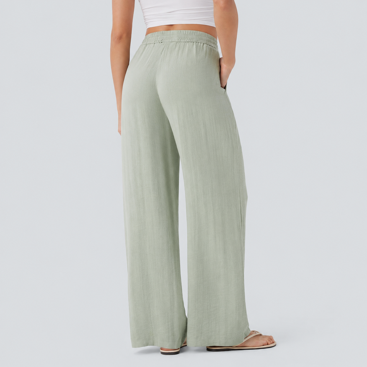 High Rise Wide Fit Drawstring Casual Pants With Pockets For Women