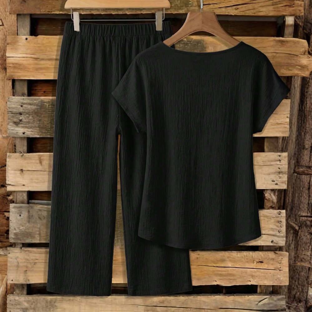 Casual Bowknot Shirt & Loose Straight Geometric Print Pants Set