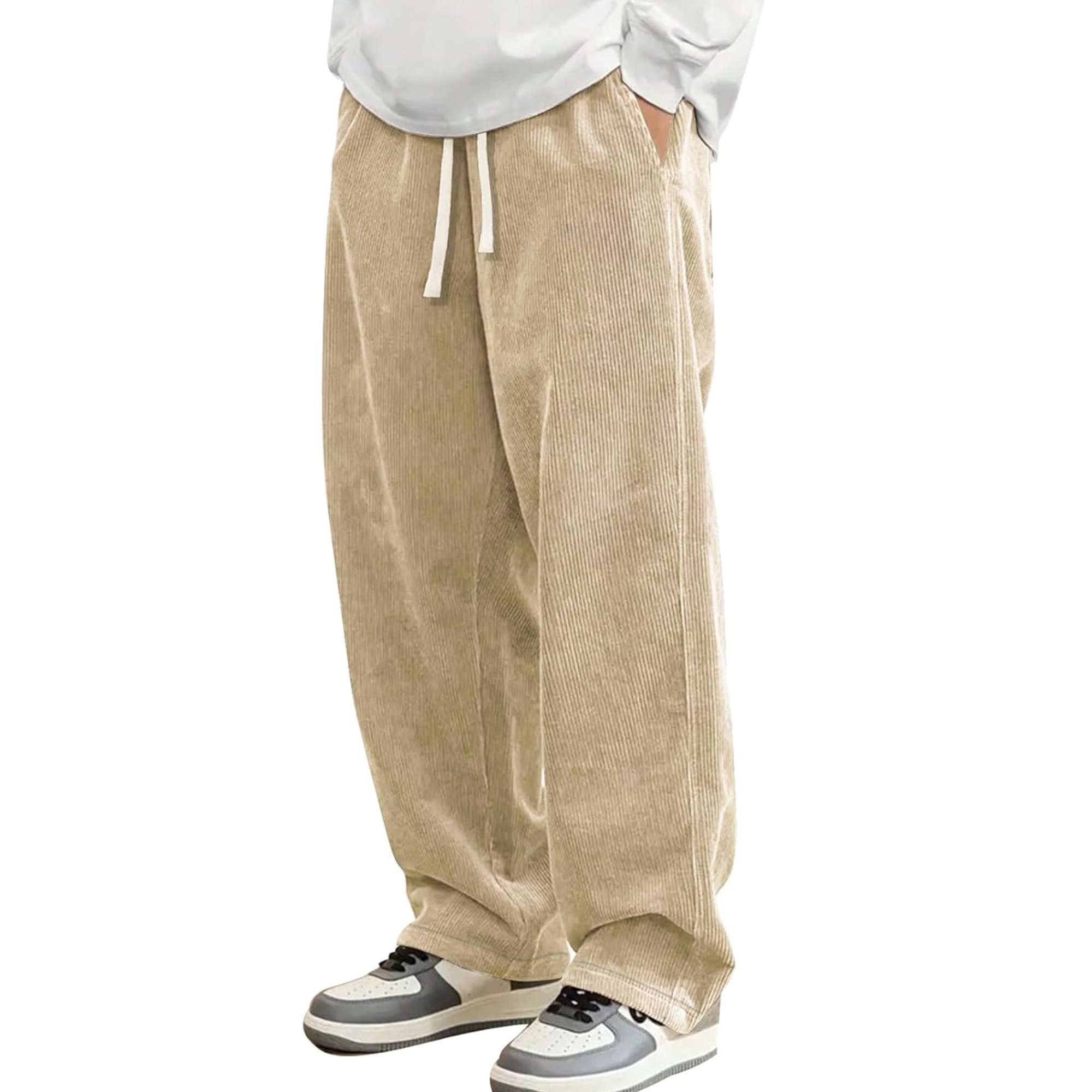 Corduroy Casual Pants Fashion Loose Fit Wide Leg Pants Straight Sweatpants Elastic Waist Drawstring